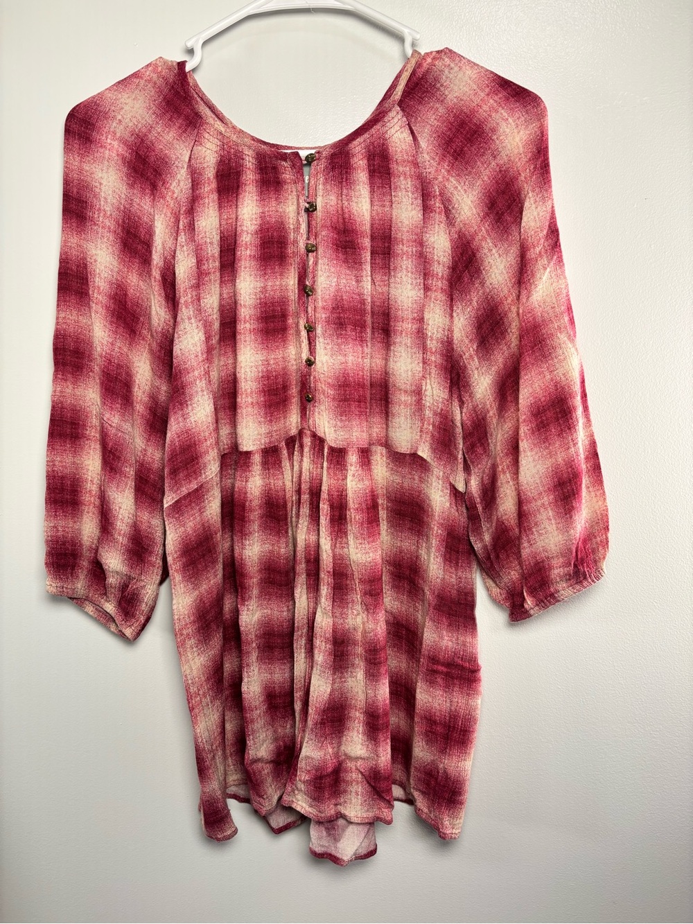 Maeve Pink Plaid Buttoned Peasant Tunic